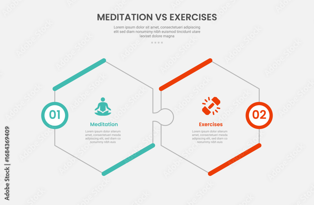 Aufkleber meditation vs exercise infographic outline style with hexagonal shape puzzle jigsaw connection 2 poi
