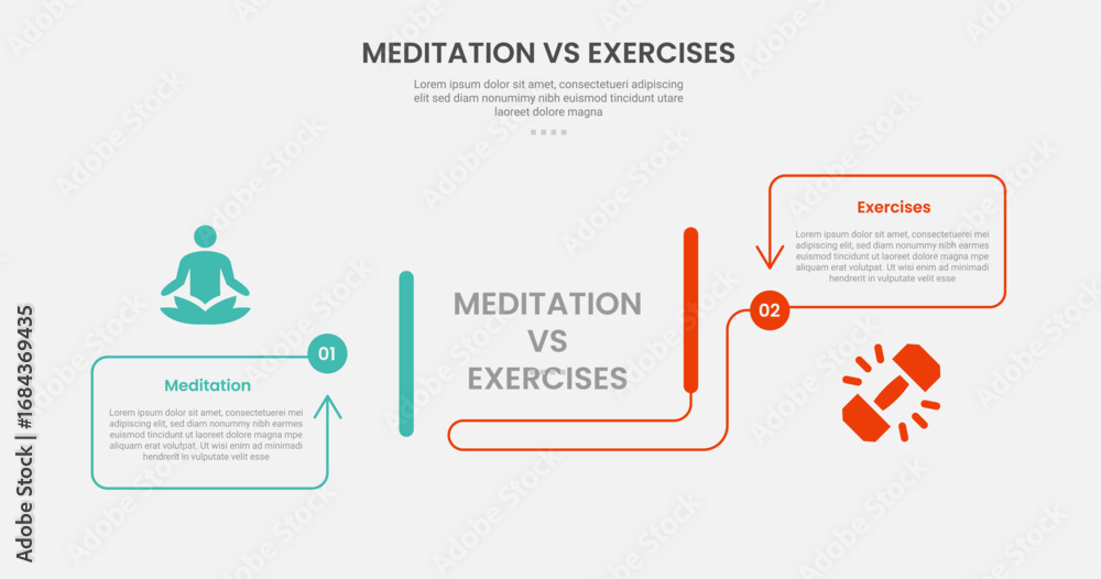 Aufkleber meditation vs exercise infographic outline style with creative container box with arrow line directi
