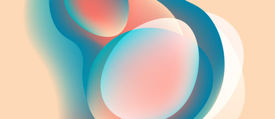 Abstract fluid shapes blend, creating soft gradients. Peach, teal, blue hues dominate composition. Minimalist design evokes calm feeling.