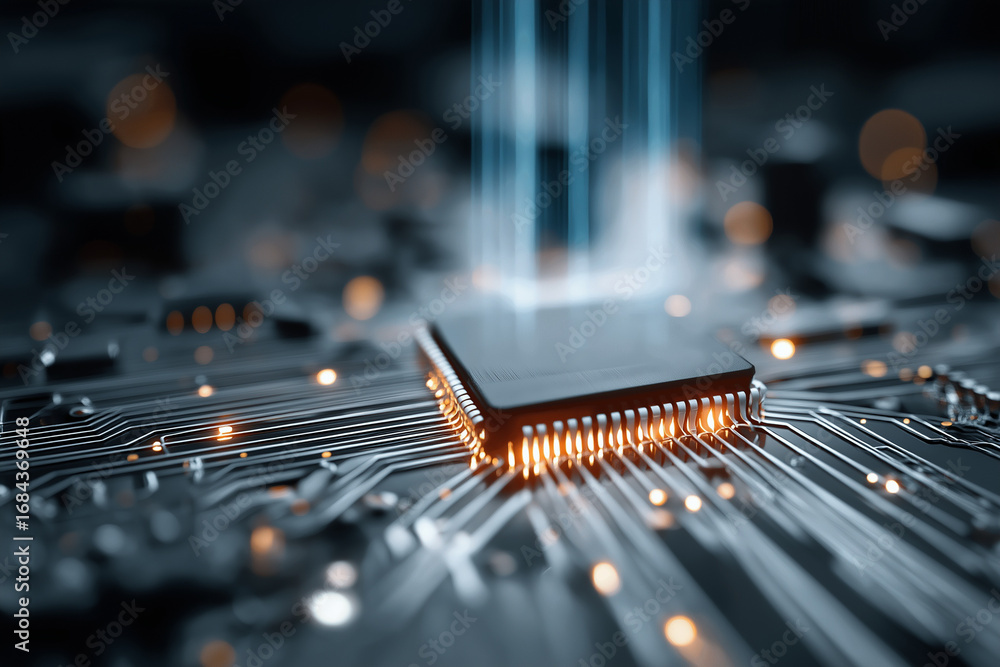 Aufkleber a close-up view of a microchip on a circuit board, with glowing connections and data streams, highli
