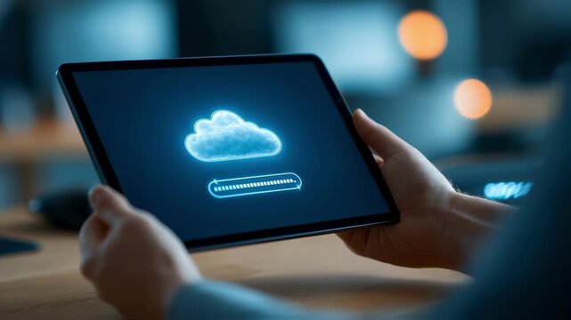 Medium shot capturing a cloudbased PACS migration interface on a tablet screen progress bar filling up hands holding the device lightly out of focus.