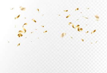Golden confetti and serpentine streamers falling on a transparent background for celebration and party design elements
