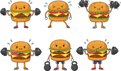 Funny cartoon hamburger characters lifting weights, gym workout burgers, fitness exercise illustrations, healthy lifestyle concept, creative food mascots, strength training humor