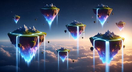 A breathtaking vista of floating islands, each adorned with lush greenery and cascading waterfalls, suspended in a serene sky above a sea of clouds.