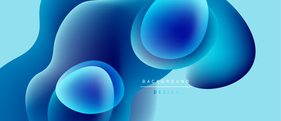 Abstract blue shapes overlap, creating fluid dynamic background. Light shades contrast with darker tones, offering modern aesthetic.