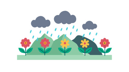 Rainy mountain landscape with flowers vector illustration nature scene outdoor background graphic design element