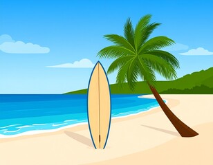 Tropical beach with palm trees. palm tree on the beach. Surfboard on the beach with