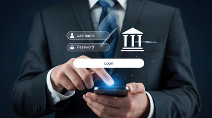 Businessman accessing mobile banking app, secure online login concept