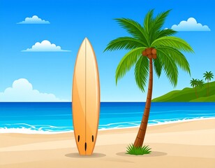 Tropical beach with palm trees. palm tree on the beach. Surfboard on the beach with