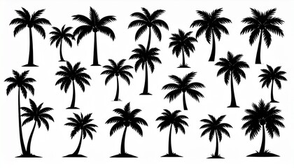 Fototapeta premium Black Palm Trees Set Isolated On White Background. Palm Silhouettes. Design Of Palm