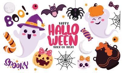 Fototapeta premium Halloween cute elements clipart set. Happy Halloween greeting text with trick or treat spooky elements and character clip art collection like cute ghost, scary pot, pumpkin and bat for horror party 
