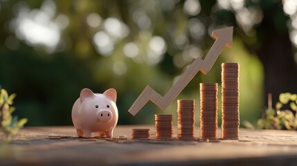 Piggy bank beside stacks of coins with a rising graph in the background representing financial growth and savings in a serene outdoor setting