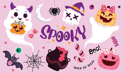 Spooky elements and characters clipart set. Halloween Spooky elements clip art collection like cute ghost, pot, pumpkin and skull with happy and funny face for horror party scary celebration in pink 