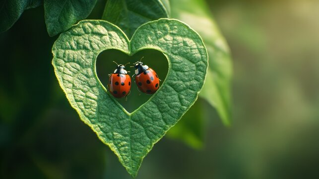 Two ladybugs in heart-shaped leaf cutout