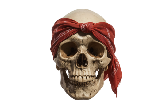 Skull, bandana, red, front view, isolated, dark background, design element