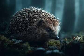 Fototapeta premium realistic hedgehog in the forest, detailed spines, soft natural lighting, wildlife