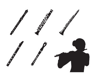 flute bansuri set collection pack bundle black shape icon silhouette vector flat illustration design on white background © 4k Vectors
