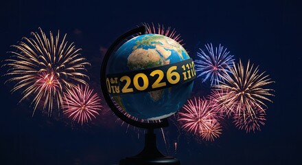 Celebrating 2026: Earth Globe with Fireworks Display against Night Sky