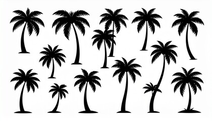 Fototapeta premium Black Palm Trees Set Isolated On White Background. Palm Silhouettes. Design Of Palm