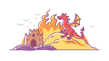 Red dragon destroying sand castle with fire fantasy art illustration for children storybook and games asset