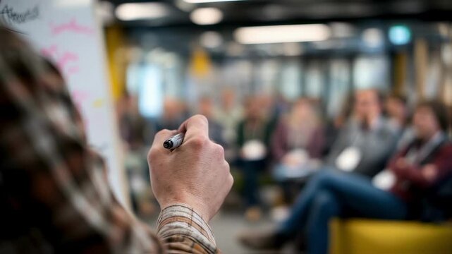 Medium shot of a clear facilitators hand holding a marker near a whiteboard in a CSRD workshop while seated participants with thoughtful expressions appear out of focus.