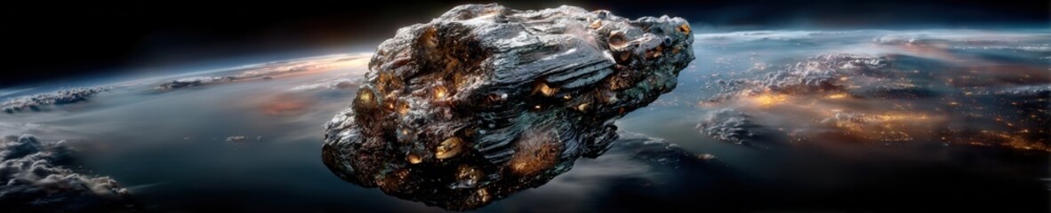 Giant asteroid flying through space toward Earth with glowing atmosphere and cinematic detailed perspective