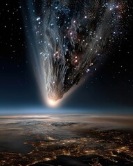 Bright glowing comet with long tail crossing night sky above ocean horizon under sparkling stars in deep blue tones.