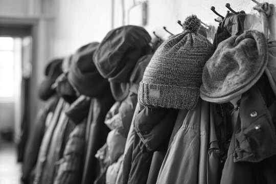 Row of winter coats and knitted hats hanging on hooks in a monochrome setting, showing various textures and styles. - Powered by Adobe