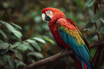 Obraz premium realistic parrot perched on a branch, bright feathers, tropical forest background, wildlife