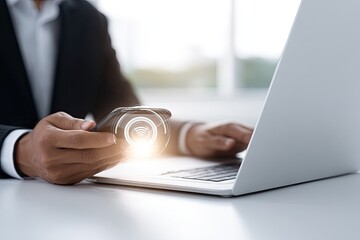 Businessperson using smartphone and laptop, wireless connection overlay