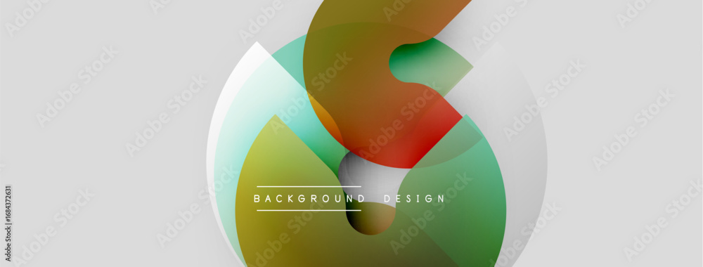 Poster abstract shapes overlap, creating dynamic visual effect. colors blendgreen, orange, blueover light g
