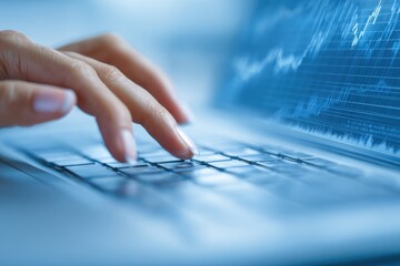 Close-up of hands typing on a laptop with stock market data displayed
