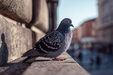realistic pigeon perched on old city building, detailed feathers, natural sunlight
