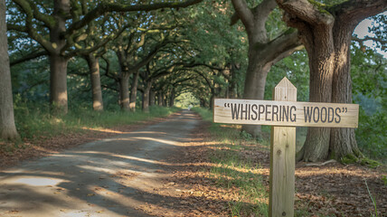 Wooden sign pointing down a sun dappled path lined with majestic trees in a tranquil forest