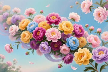 Fototapeta premium A surreal artwork of colorful peonies cascading outward gracefully under spring sky