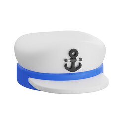 White captain hat with blue ribbon and black anchor showing nautical symbol on transparent background