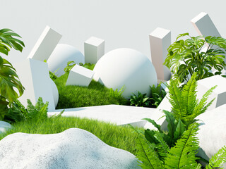 White cube podium in natural scene with green plants and rocks, with some geometric shapes and spheres- 3D rendering