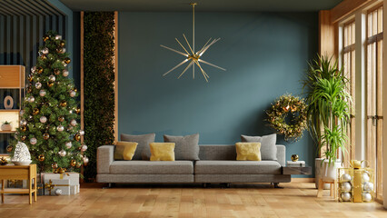 A cozy and stylish modern living room decorated for Christmas. A tall Christmas tree adorned with golden and silver ornaments stands beside a gray sofa with yellow accent pillows- 3D rendering