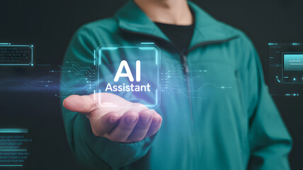 AI Assistant concept: Futuristic technology presented on open palm, modern