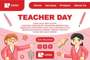 Teacher Day with Bright Cute Cartoon People, Stationery Element for Web Banner Background