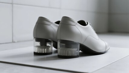 Pair of silver shoes with transparent block heels placed on a tiled surface