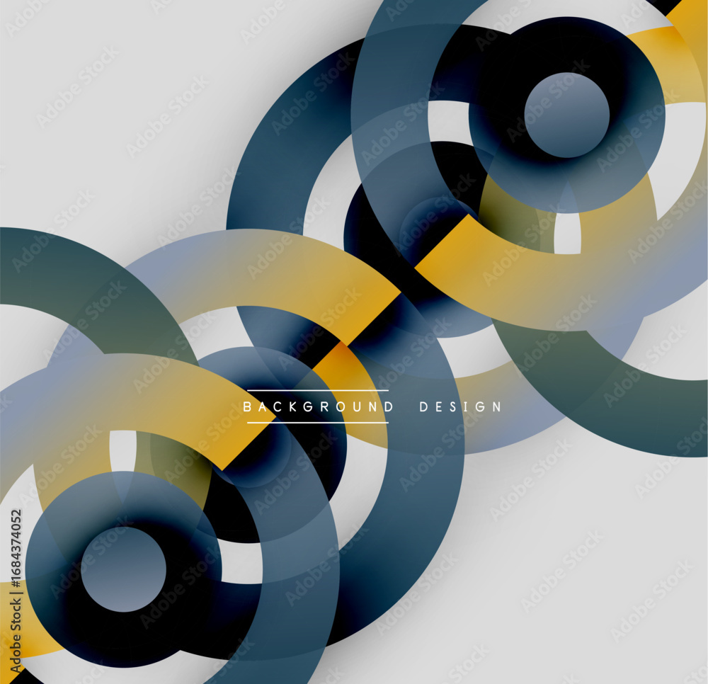 Poster abstract circles overlap, creating dynamic visual effect. yellow, blue, gray hues dominate white bac