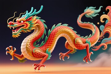 Fototapeta premium A surreal, simple 3d artwork of a Chinese New Year dragon, vibrant scales spilling outside edges with minimal design