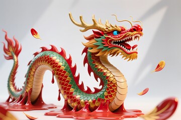 Fototapeta premium A surreal, simple 3d artwork of a Chinese New Year dragon, vibrant scales spilling outside edges with minimal design