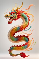A surreal, simple 3d artwork of a Chinese New Year dragon, vibrant scales spilling outside edges with minimal design