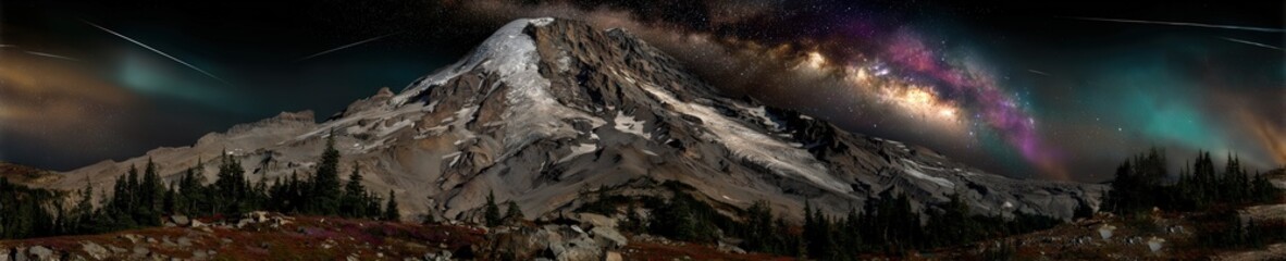 Colorful northern lights with meteor shower and bright Milky Way shining above mountain peaks in breathtaking night sky