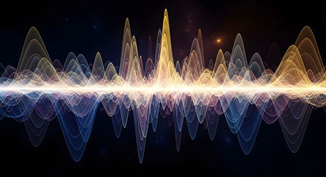 Abstract digital visualization of a complex, glowing energy waveform or audio signal on a dark background.