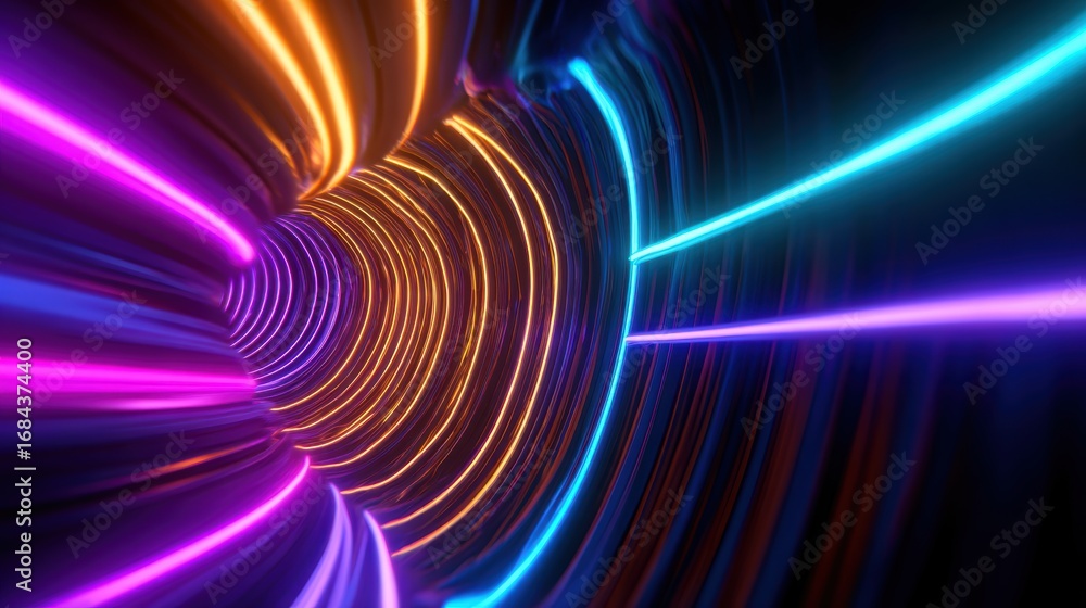 Poster vibrant neon light tunnel with swirling colors creating a dynamic visual experience in a futuristic 