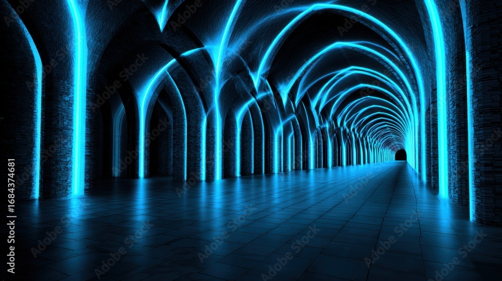 Poster futuristic illuminated corridor with glowing arches, leading to a dark exit in a mysterious setting