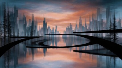 Fototapeta premium Serene twilight over a futuristic cityscape reflecting in a tranquil river with silhouetted trees